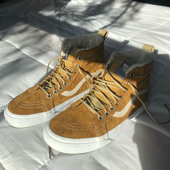 brown fuzzy high top vans